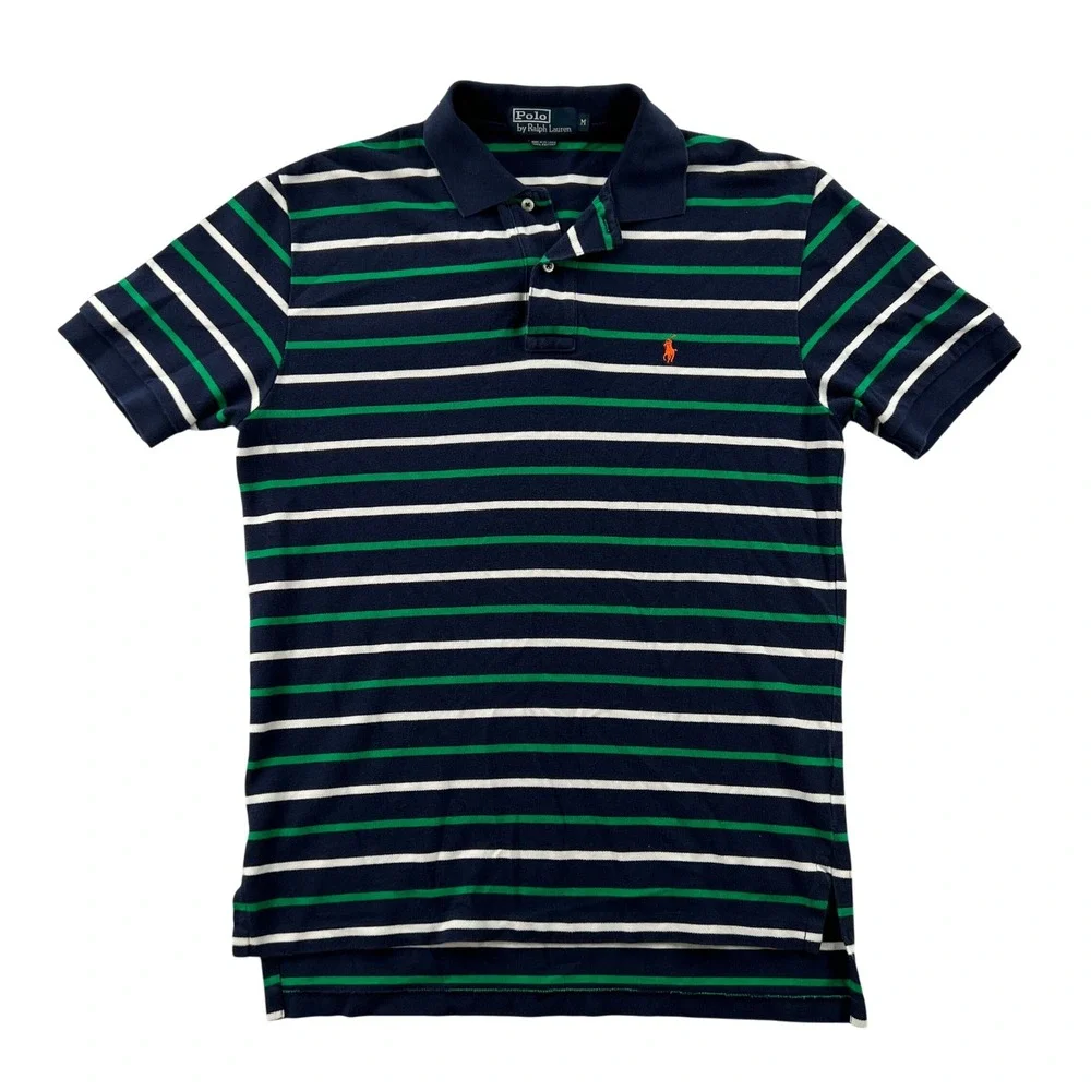 VTG Polo Ralph Lauren Mens Medium Striped Polo Shirt Navy Blue Green Orange Prep